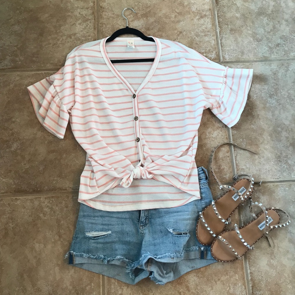 Pink stripe tie waist ruffle sleeve shirt